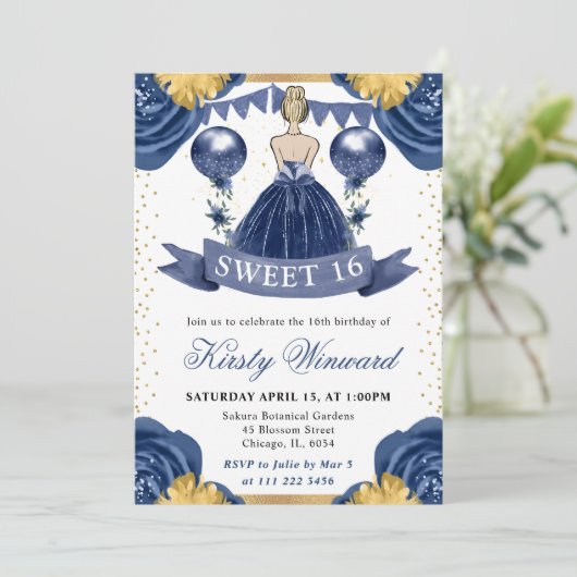 Invitation Robe Bleue Marine Blonde Haired Princess Sweet 16 (Debout devant)