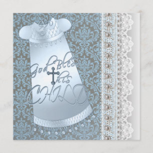 Invitation Robe bleue marron damas bébé garçon baptême