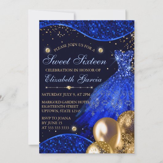 Invitation Robe Bleue & Parties scintillant Or Ballons Sweet (Devant)