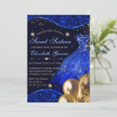 Invitation Robe Bleue & Parties scintillant Or Ballons Sweet  (Debout devant)