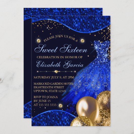 Invitation Robe Bleue & Parties scintillant Or Ballons Sweet (Devant / Derrière)