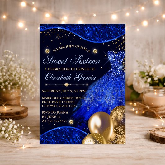 Invitation Robe Bleue & Parties scintillant Or Ballons Sweet 