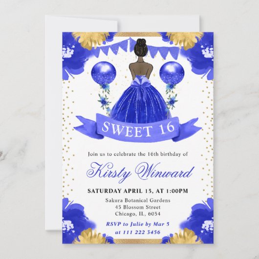 Invitation Robe bleue Peau foncée Princesse Douce 16 (Devant)