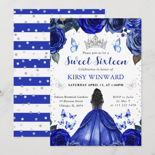 Invitation Robe Bleue Peau Noire Princesse Douce 16 (Devant / Derrière)