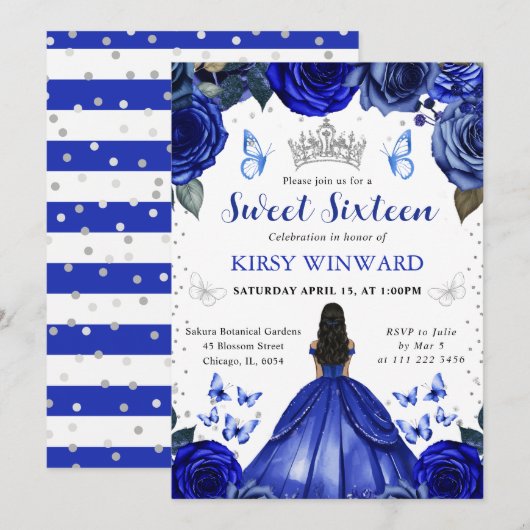 Invitation Robe Bleue Peau Noire Princesse Douce 16 (Devant / Derrière)