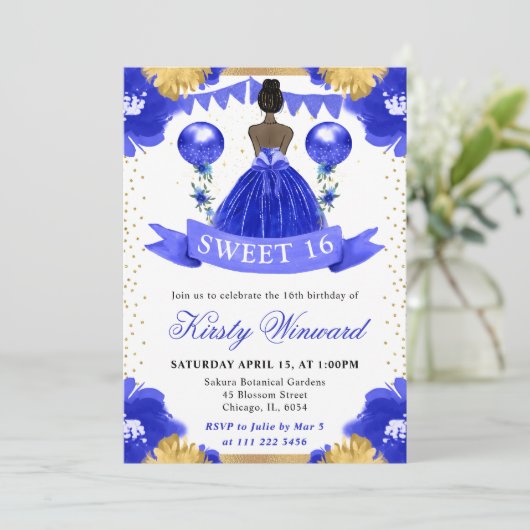 Invitation Robe Bleue Peau Noire Princesse Douce 16 (Debout devant)