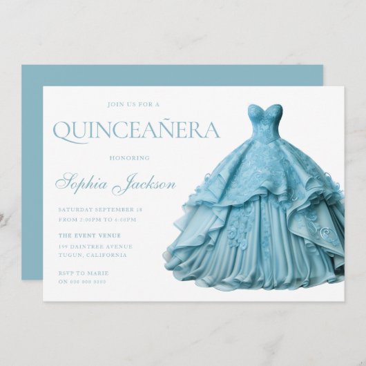 Invitation Robe Bleue Poussée Enchantée Gown Quinceanera (Devant / Derrière)