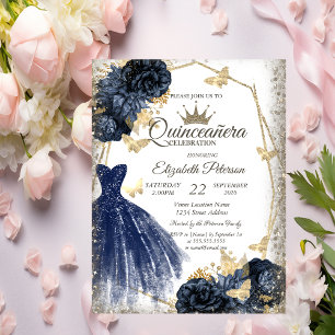 Invitation Robe bleue, Roses, Papillons dorés Quinceañera