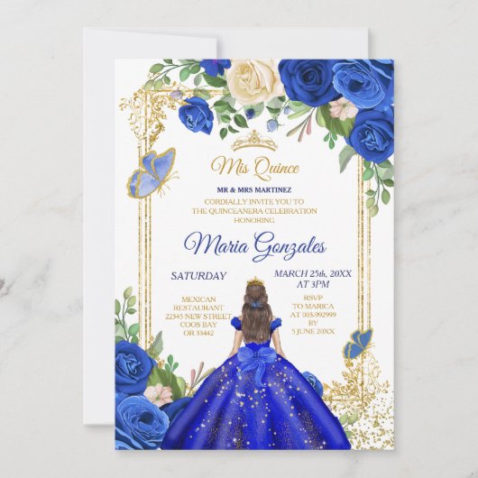 Invitation Robe Bleue Royale Quinceanera 15e anniversaire de (Devant)