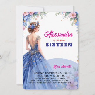 Invitation Robe bleue Sweet 16 florale élégante pour l'annive