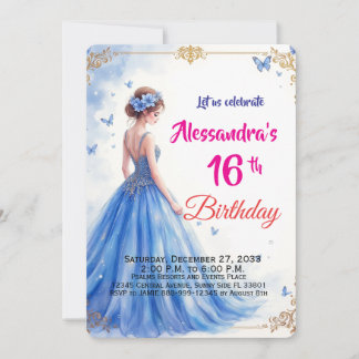 Invitation Robe bleue Sweet Sixteen florale Élégante Annivers