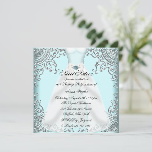 Invitation Robe Bleue turquoise Douce Turquoise 16 Anniversai (Debout devant)