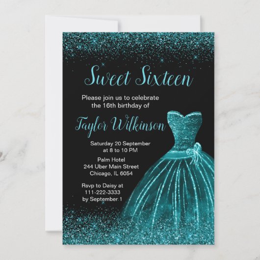 Invitation Robe Bleue turquoise Faux Parties scintillant Douc (Devant)