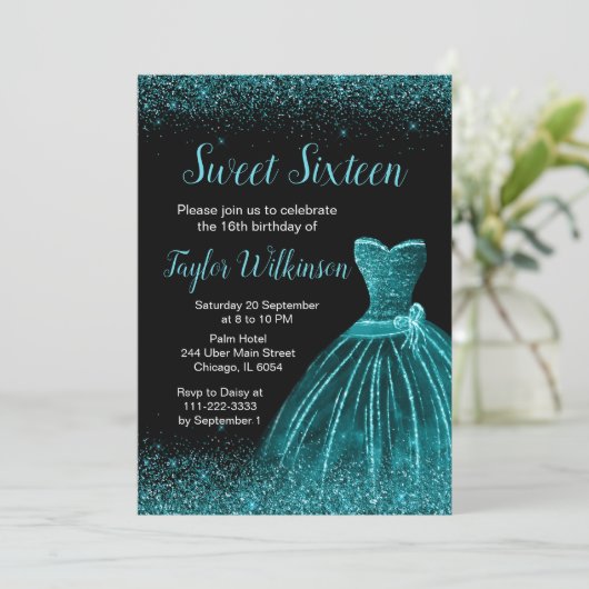 Invitation Robe Bleue turquoise Faux Parties scintillant Douc (Debout devant)