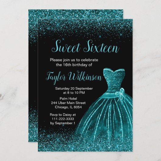 Invitation Robe Bleue turquoise Faux Parties scintillant Douc (Devant / Derrière)
