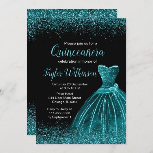 Invitation Robe bleue turquoise Faux Parties scintillant Quin (Devant / Derrière)