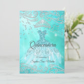 Invitation Robe bleue turquoise Silver Quinceanera 15e annive (Debout devant)