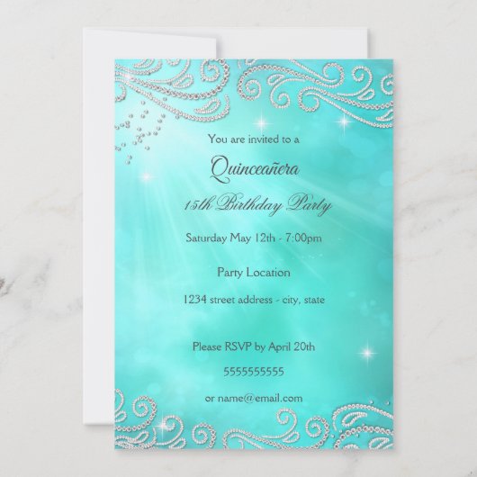 Invitation Robe bleue turquoise Silver Quinceanera 15e annive (Dos)