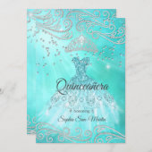 Invitation Robe bleue turquoise Silver Quinceanera 15e annive (Devant / Derrière)