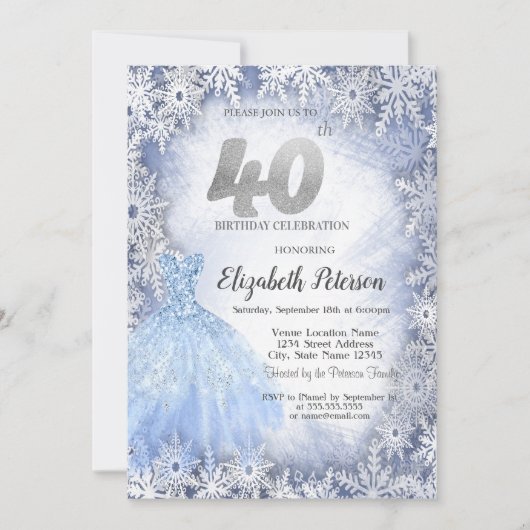 Invitation Robe Blue Snowflakes hiver 40e anniversaire (Devant)