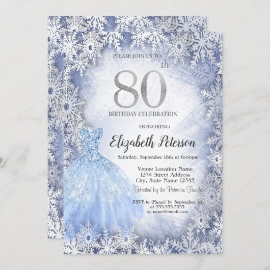 Invitation Robe Blue Snowflakes Hiver 80e anniversaire (Devant / Derrière)