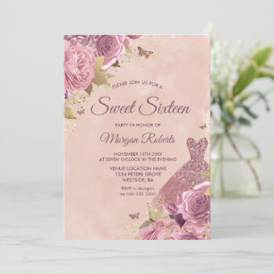 Invitation Robe Blush Dusty Rose Floral Sweet 16 Party
