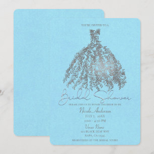 Invitation Robe botanique argent et bleu clair pour la douche