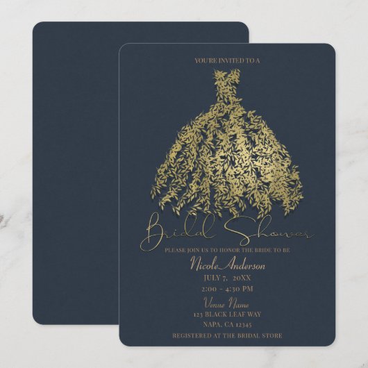 Invitation Robe botanique Gold & Rustic Blue pour la douche d (Devant / Derrière)