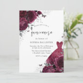 Invitation Robe Bourgogne & Argent & Roses floraux Quinceaner (Debout devant)