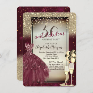 Invitation Robe Bourgogne, Ballons, Gold 50e Anniversaire
