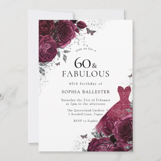 Invitation Robe Bourgogne et argent Roses floraux 60e anniver (Devant)