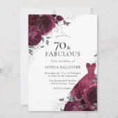 Invitation Robe Bourgogne et argent Roses floraux 70e anniver (Devant)