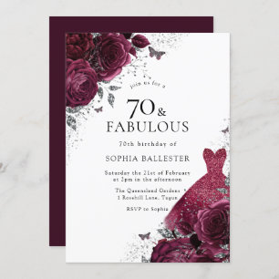 Invitation Robe Bourgogne et argent Roses floraux 70e anniver