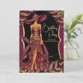 Invitation Robe Bourgogne Exotique Or Plumes fête d'anniversa (Debout devant)