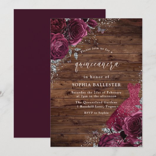 Invitation Robe Bourgogne & Floral Rose Rustic Quinceanera (Devant / Derrière)