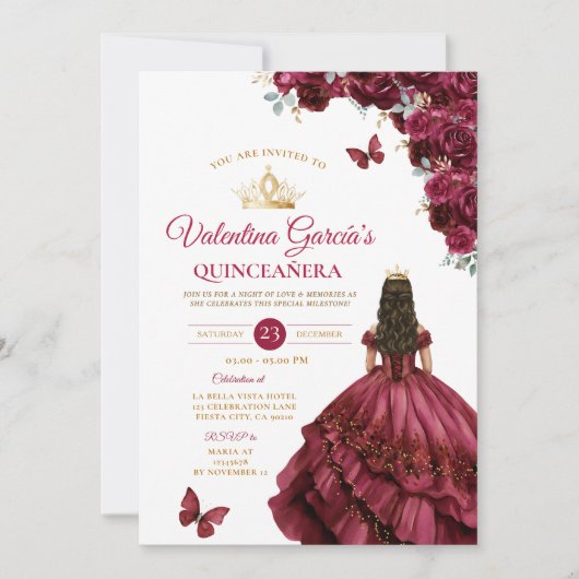 Invitation Robe Bourgogne Quinceañera 15 Anos Fleurs Or (Devant)
