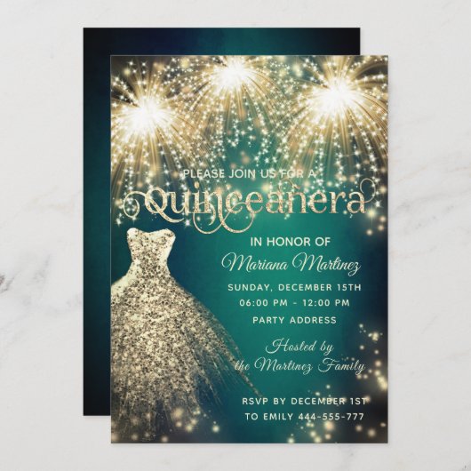 Invitation Robe brillante dorée au feu d'artifice vert (Devant / Derrière)