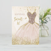 Invitation Robe brillante Rose or étincelante doux 16 anniver (Debout devant)