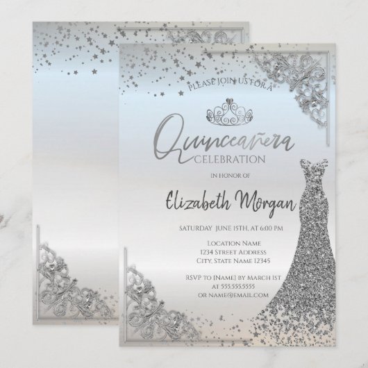 Invitation Robe Chic Argent Tiara Stars Quinceañera (Devant / Derrière)