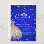 Invitation Robe Chic en or Tiara, Quinceañera Bleu (Devant)