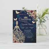 Invitation Robe chic, étoiles florales papillon bleu Quinceañ (Debout devant)