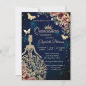 Invitation Robe chic, étoiles florales papillon bleu Quinceañ (Devant)