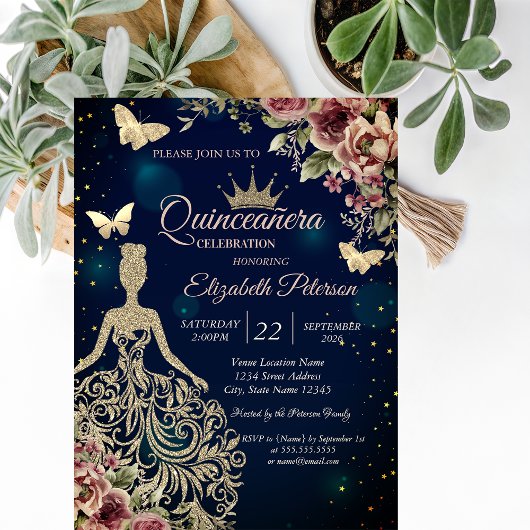 Invitation Robe chic, étoiles florales papillon Quinceañera b