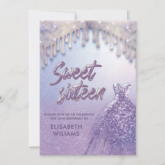 Invitation Robe chic fille goutte lilas violet glittery (Devant)