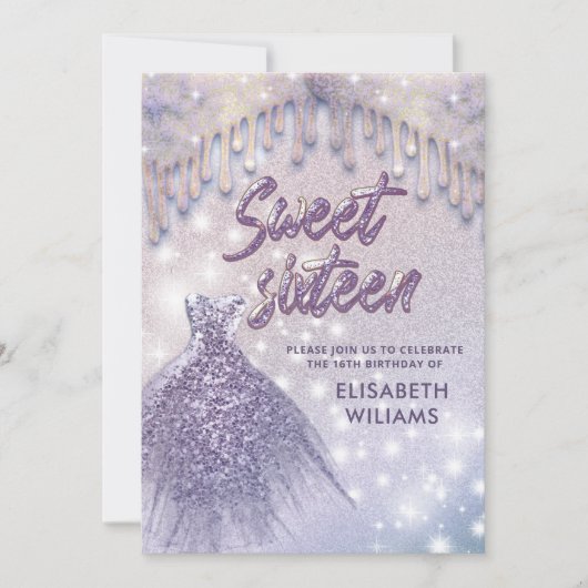 Invitation Robe chic fille goutte lilas violet glittery invit (Devant)