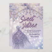Invitation Robe chic fille goutte lilas violet glittery invit (Devant / Derrière)