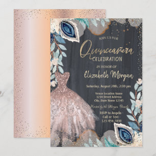 Invitation Robe chic, Fleurs, Quinceanera en or rose