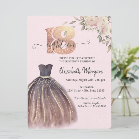 Invitation Robe Chic Fleurs roses 18e anniversaire (Debout devant)