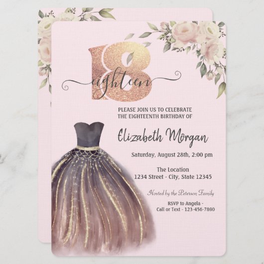 Invitation Robe Chic Fleurs roses 18e anniversaire (Devant / Derrière)