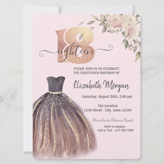 Invitation Robe Chic Fleurs roses 18e anniversaire (Devant)